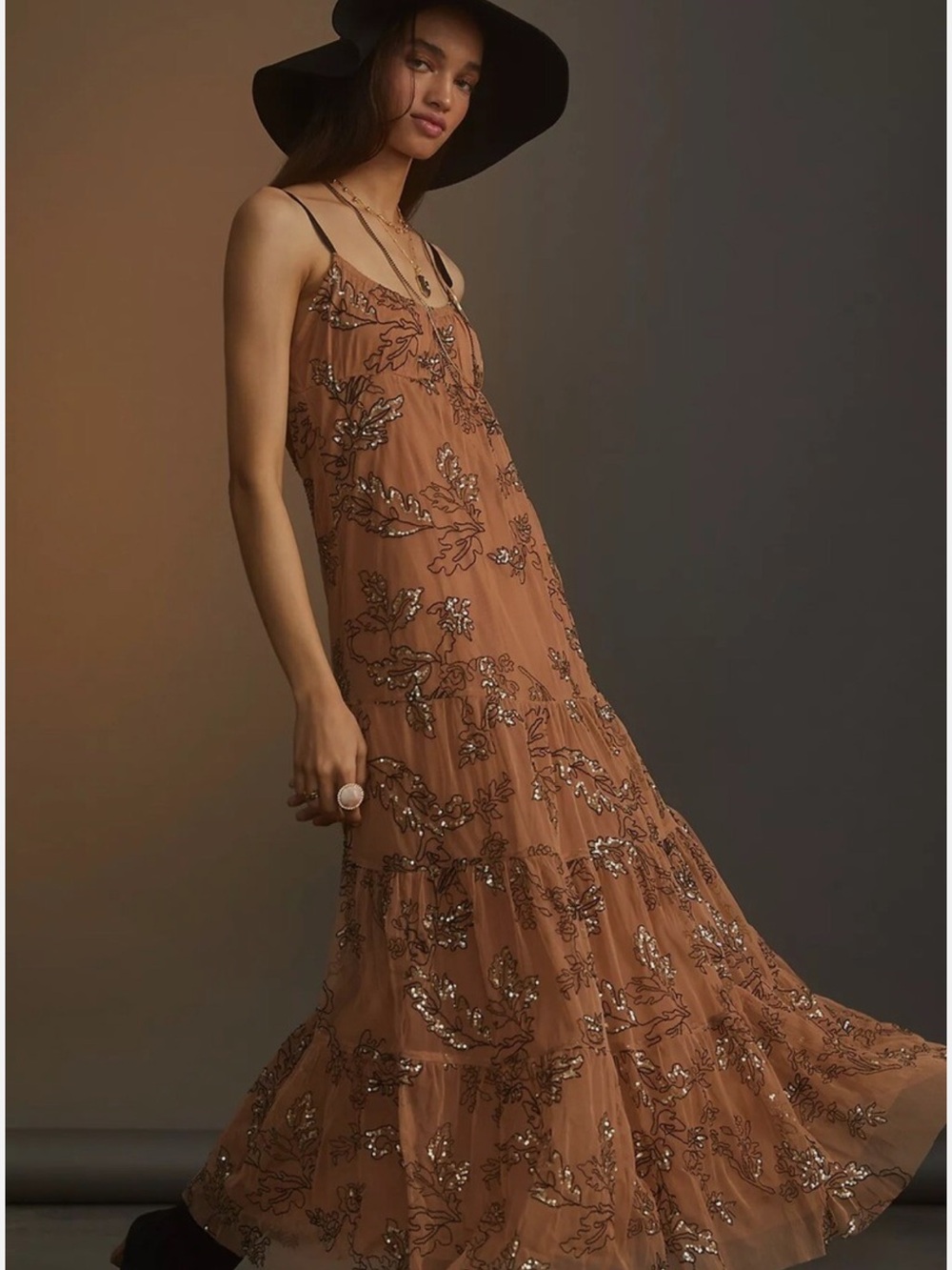 Anthropologie Brown Sequin Floral Maxi Dress